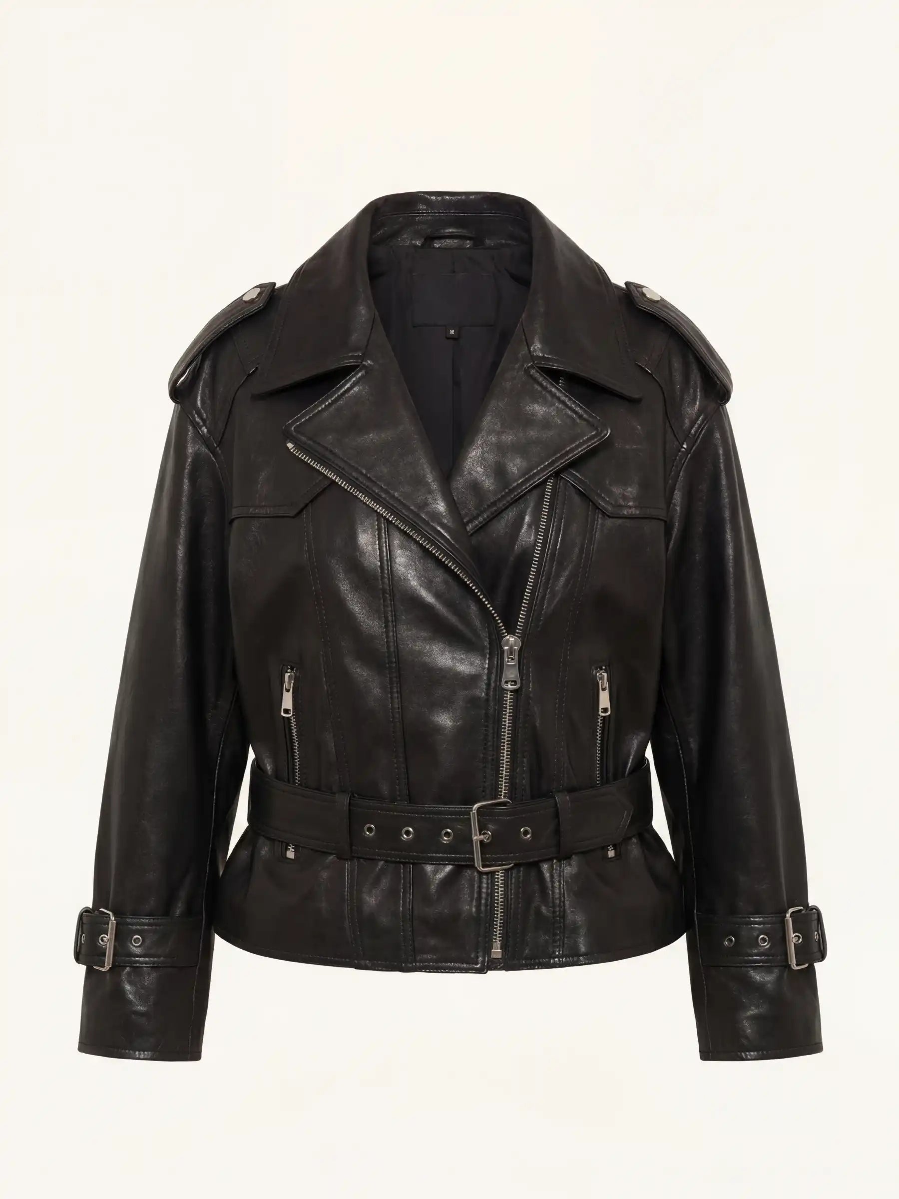 Black Oversized Leather Biker Jacket for Women – Belted & Bold