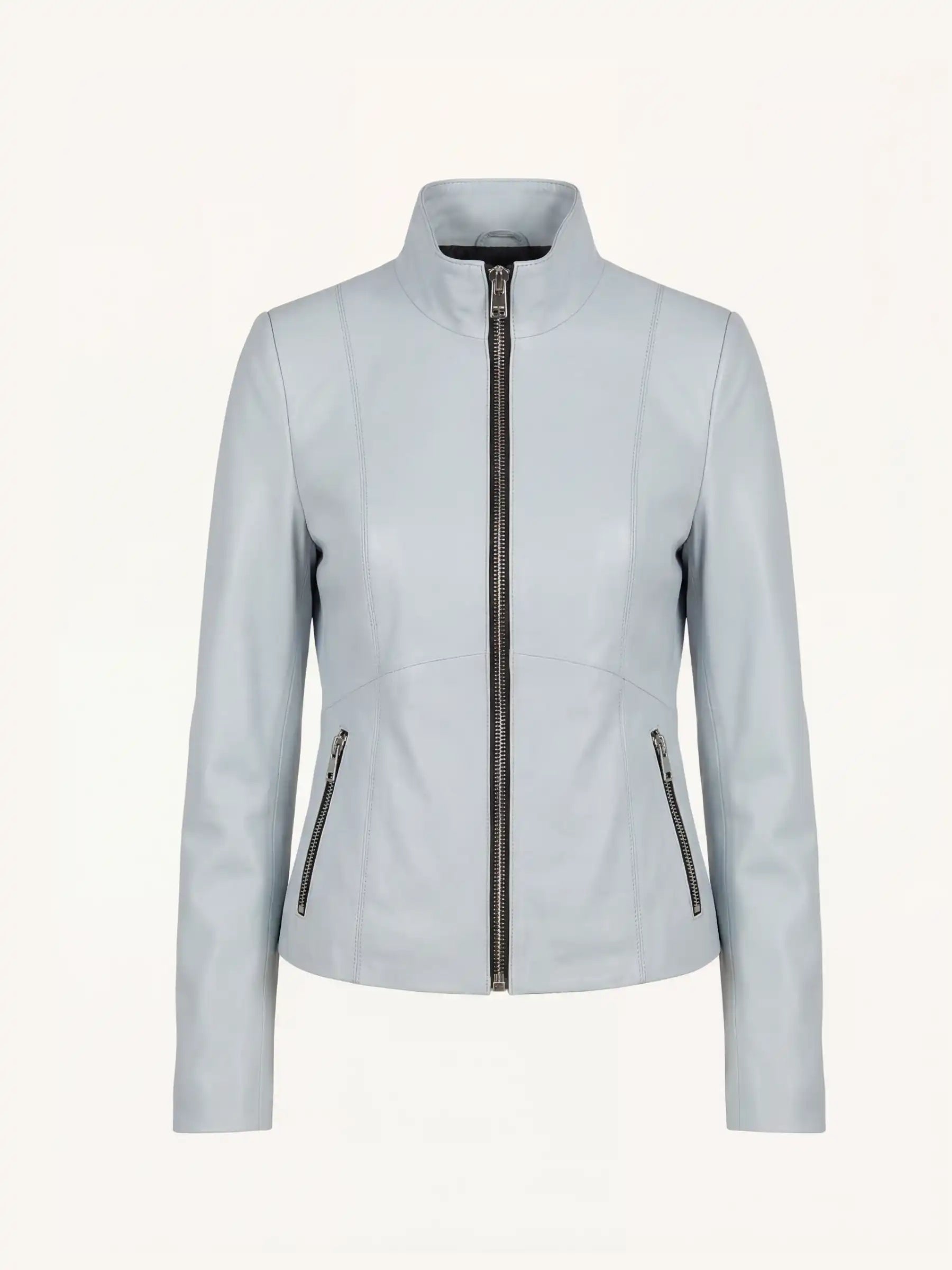 Light gray leather jacket with zippers on a white background