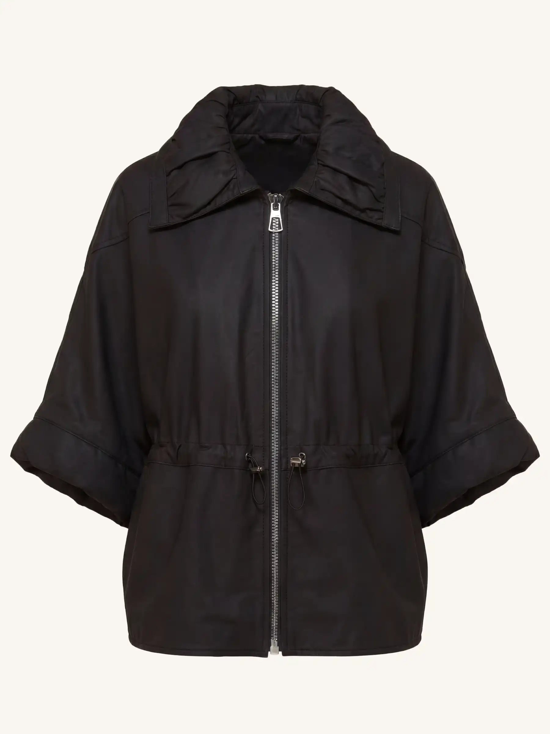 Matte black leather short-sleeve jacket