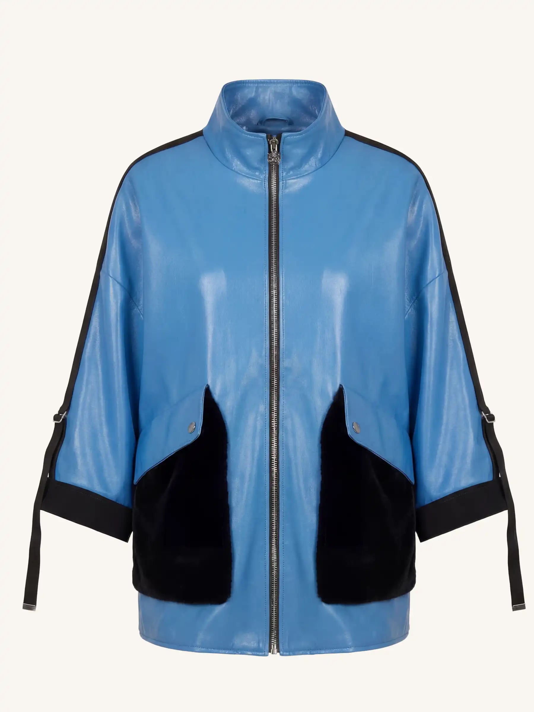 Blue jacket with black accents on a white background