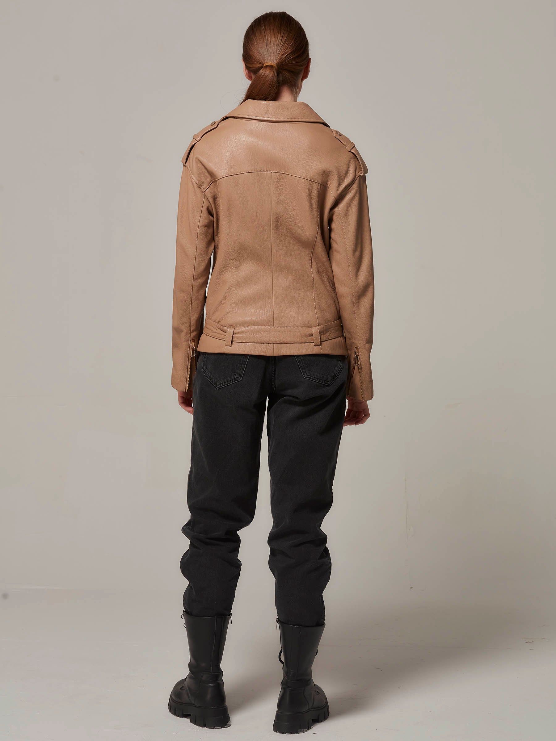 Brown Leather Oversized Motorcycle Jacket back full length