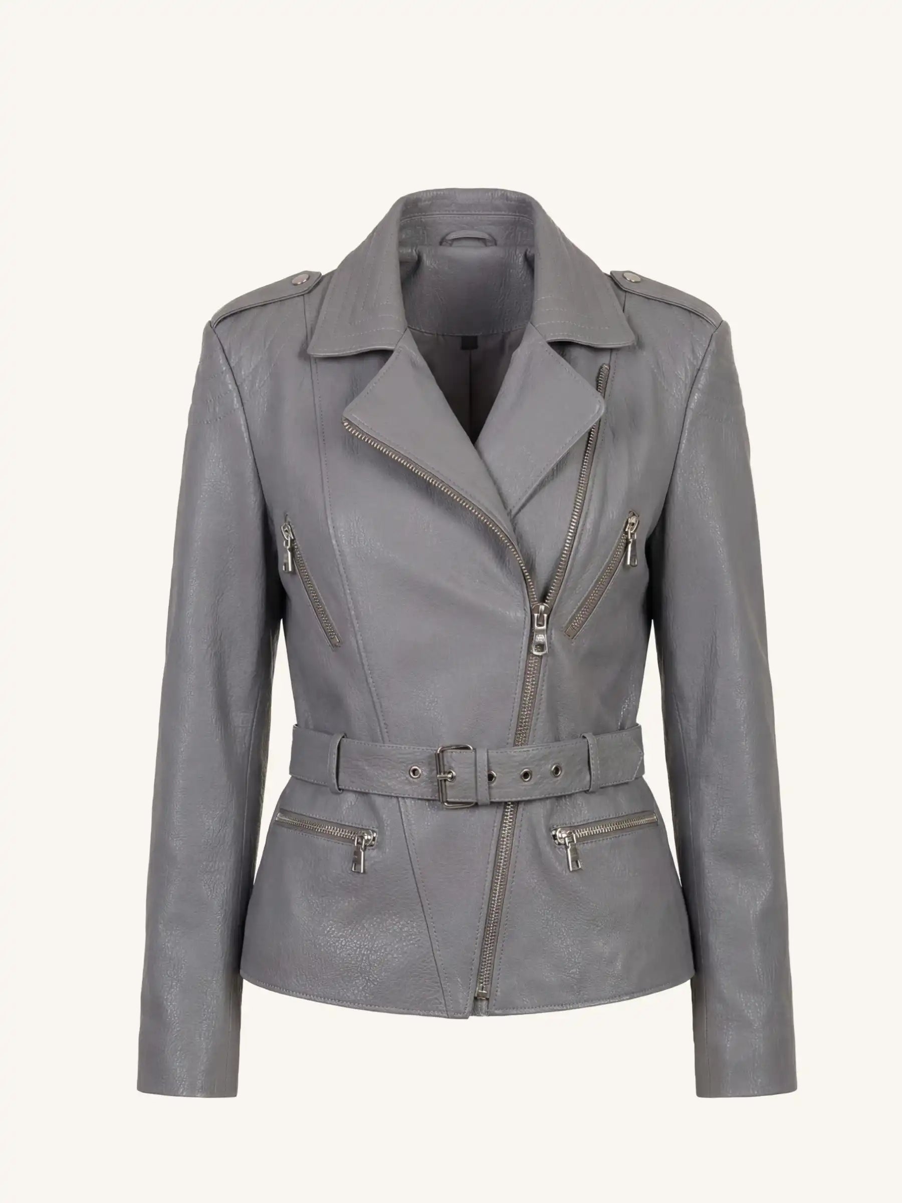 Gray leather jacket with zippers on a white background