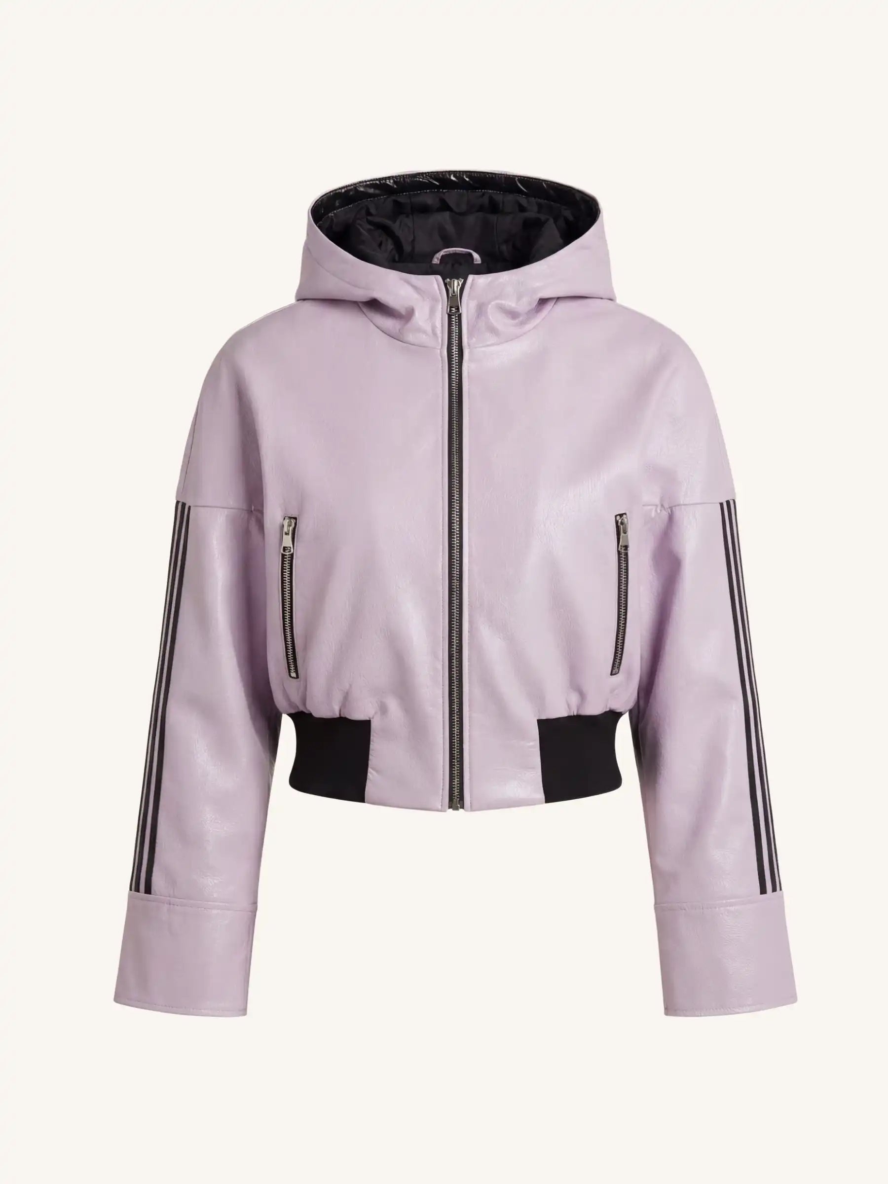Light purple jacket with black accents on a white background