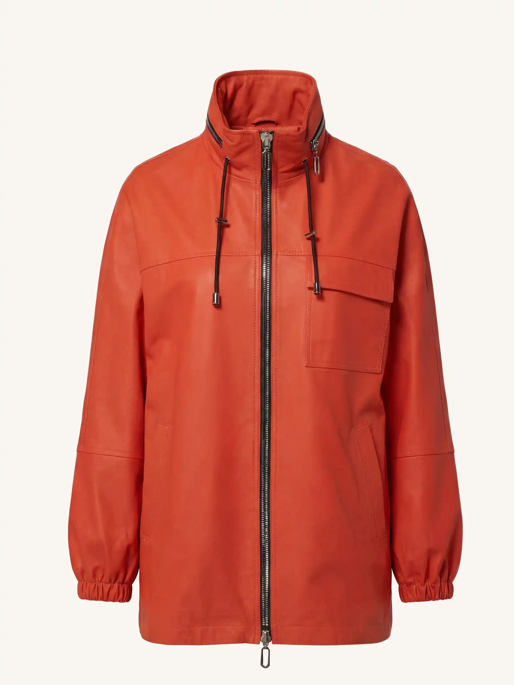 matte orange leather coat with a zipper on a white background