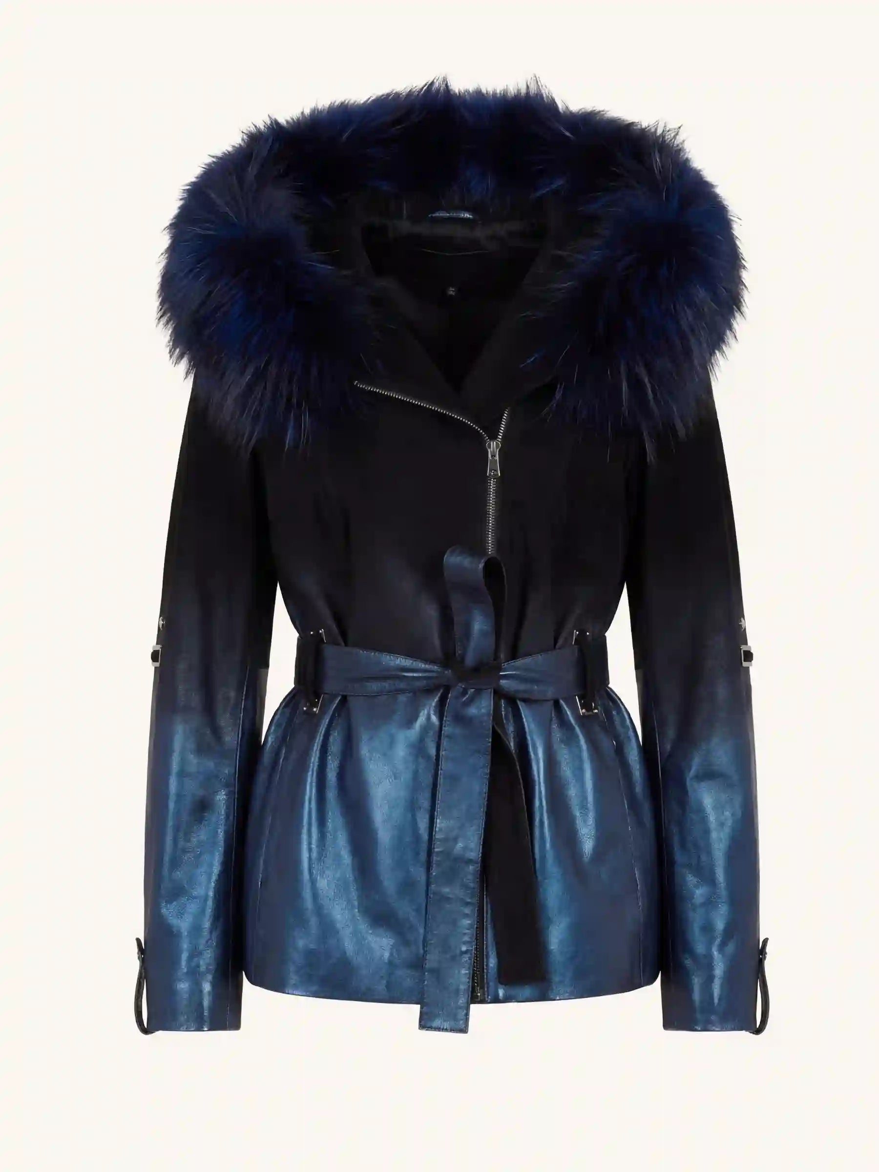 Blue leather jacket with fur hood on a white background