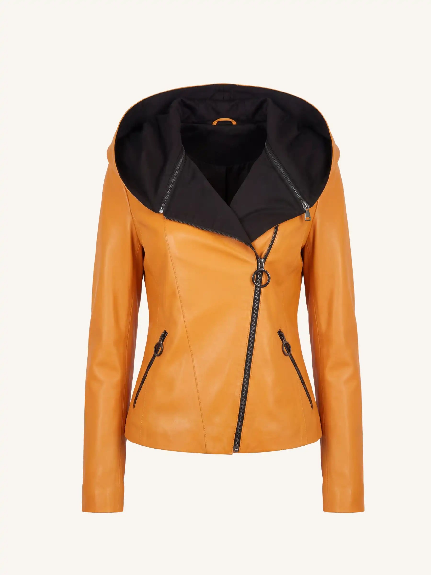 Orange leather jacket with black hood on a white background