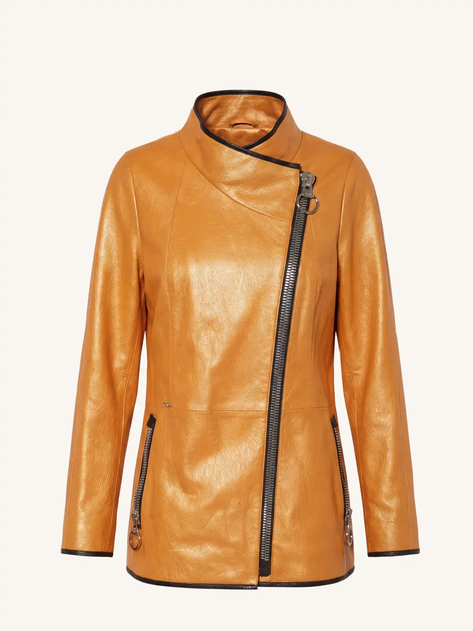 Orange color leather jacket with black zipper on a white background