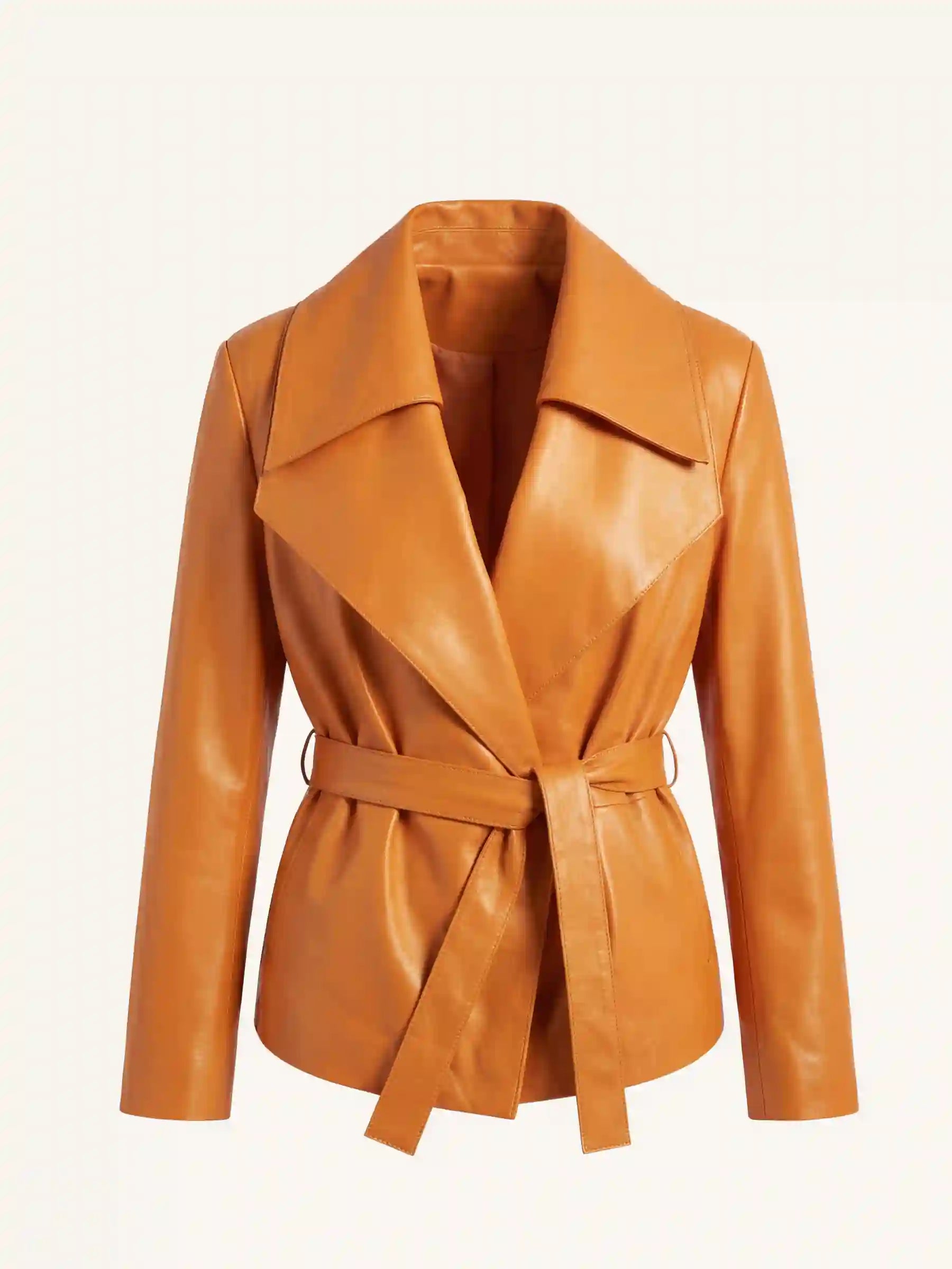 Orange leather jacket with a belt on a light beige background