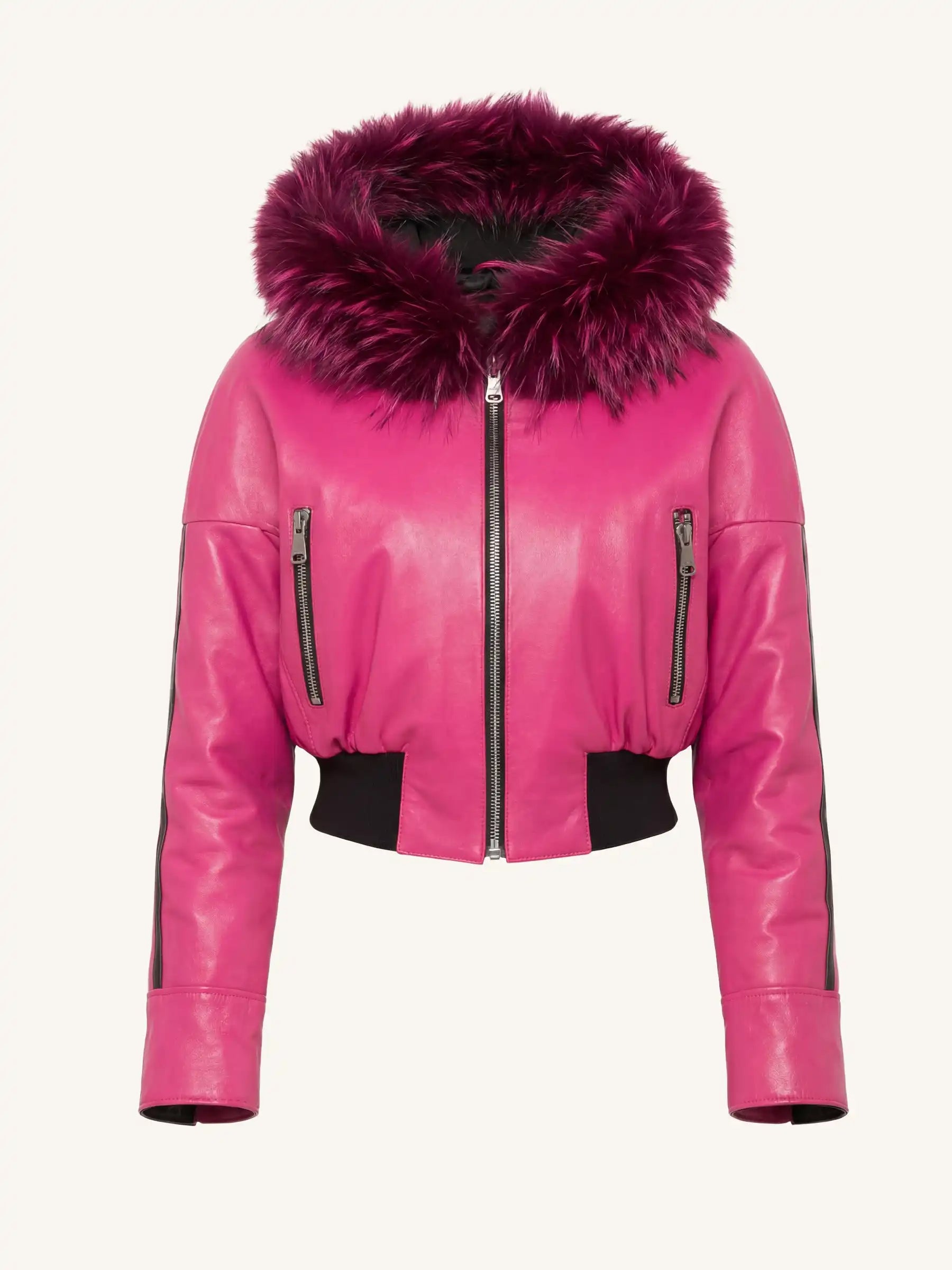 Pink leather jacket with a fur hood on a white background
