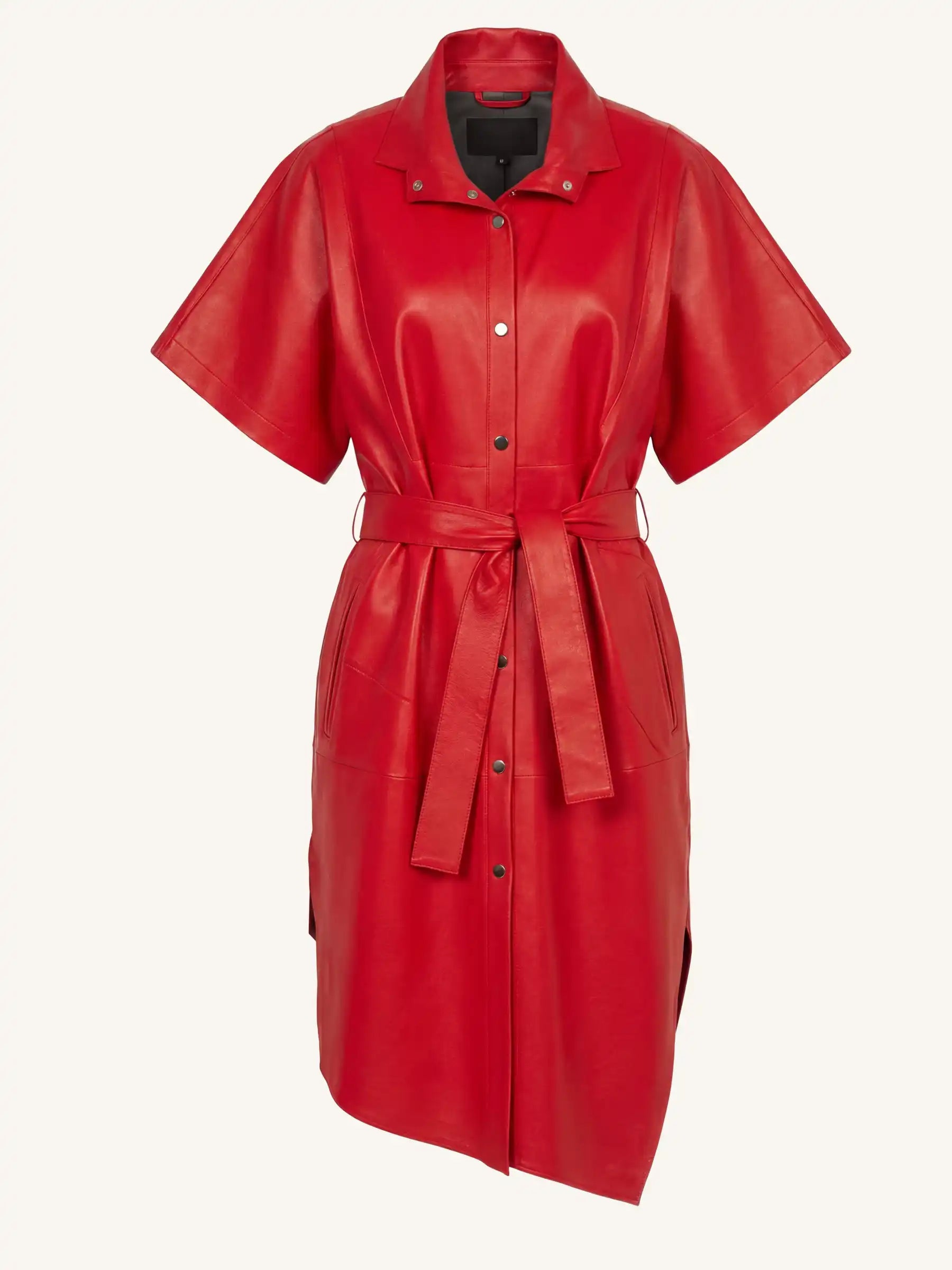 Red leather dress with a belt on a white background