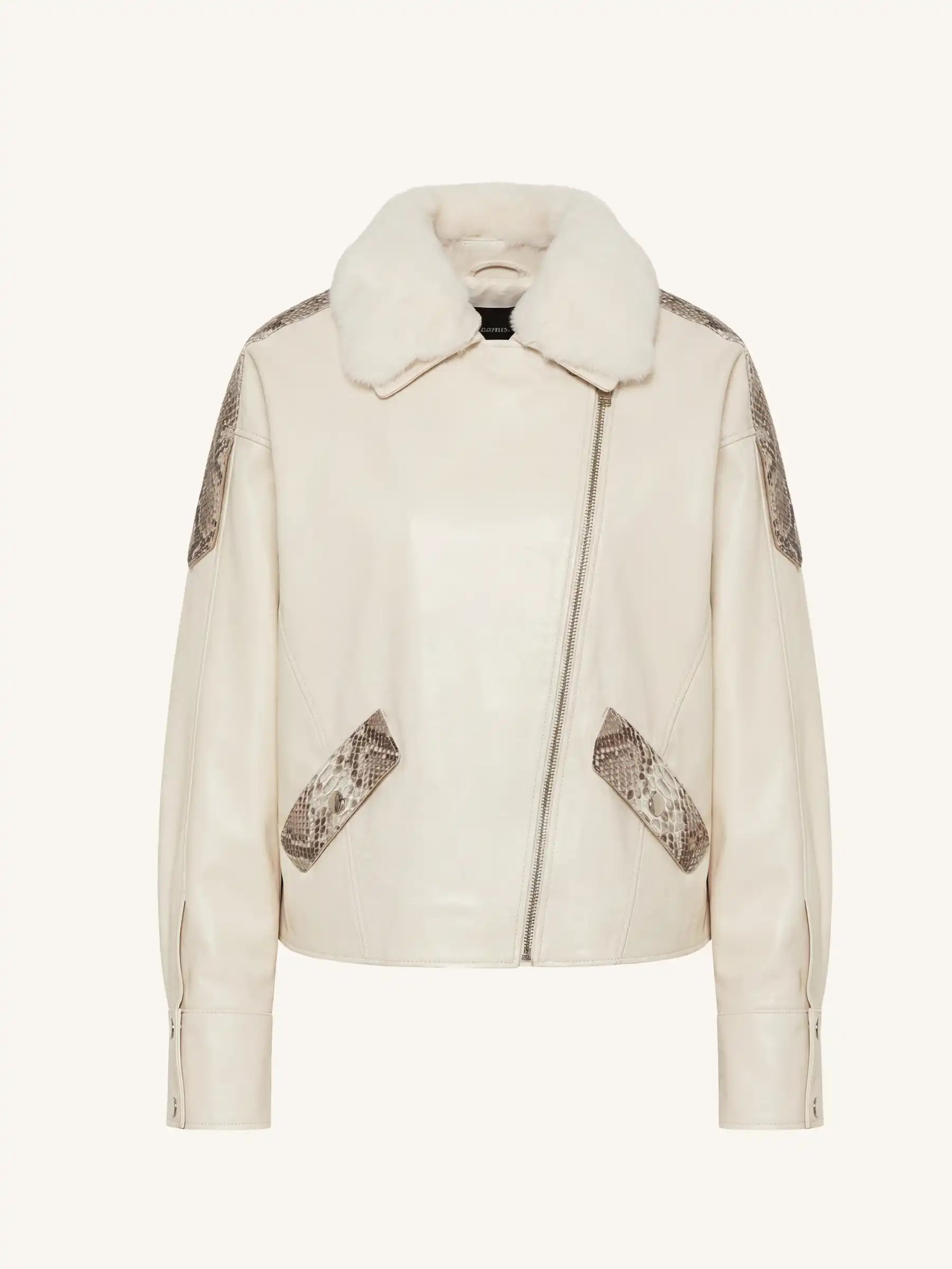 White jacket with python leather patches on a white background