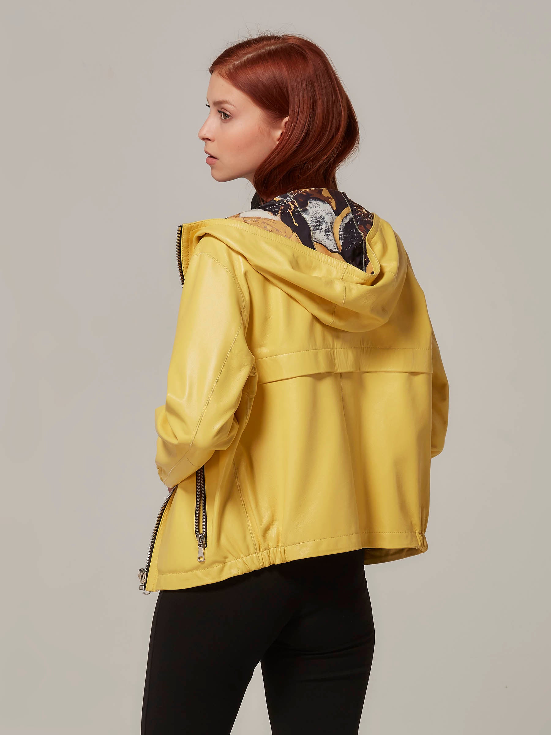 Yellow Double Sided Leather Jacket with Hood