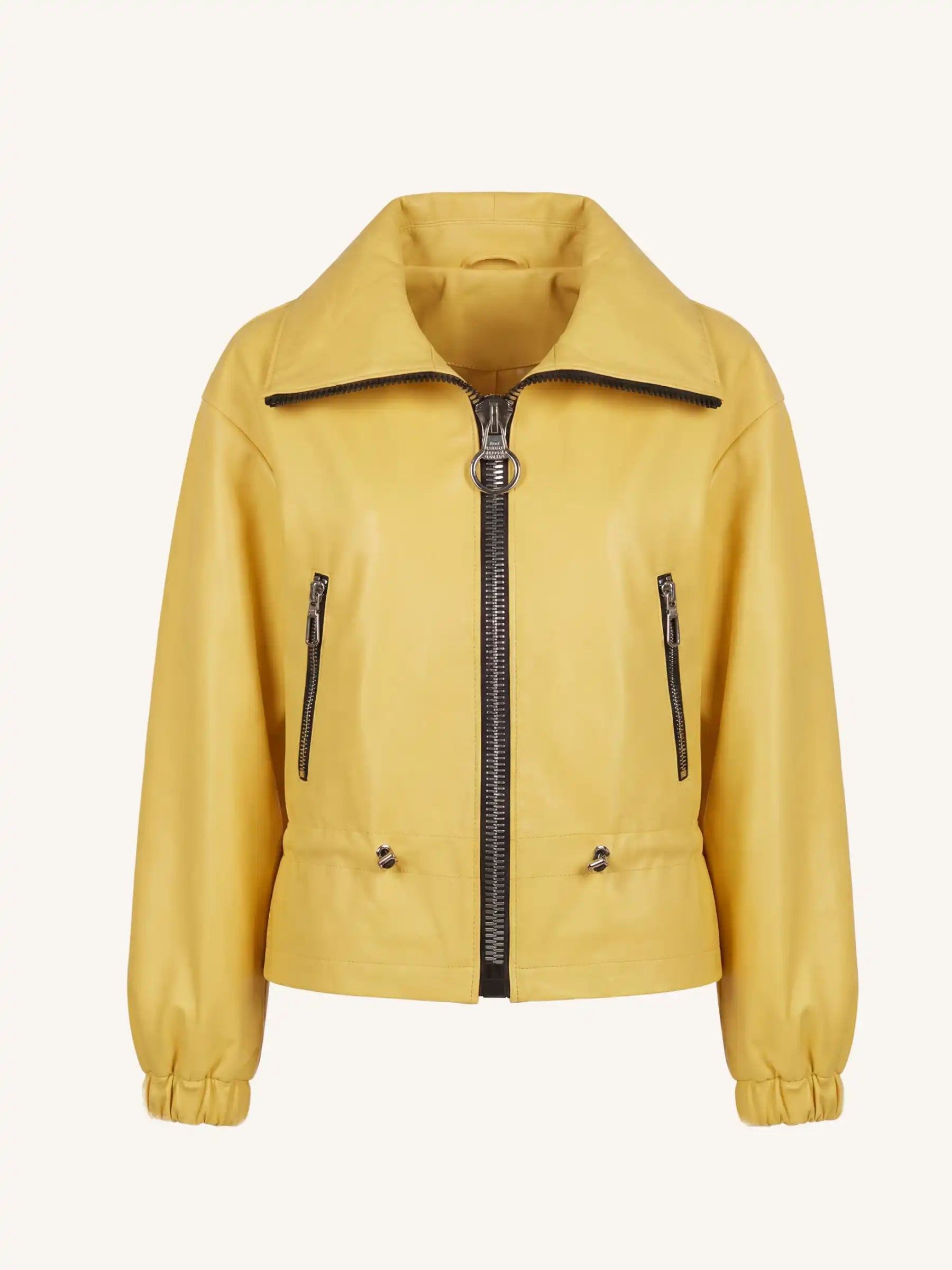 Yellow jacket with black zipper and details on a white background