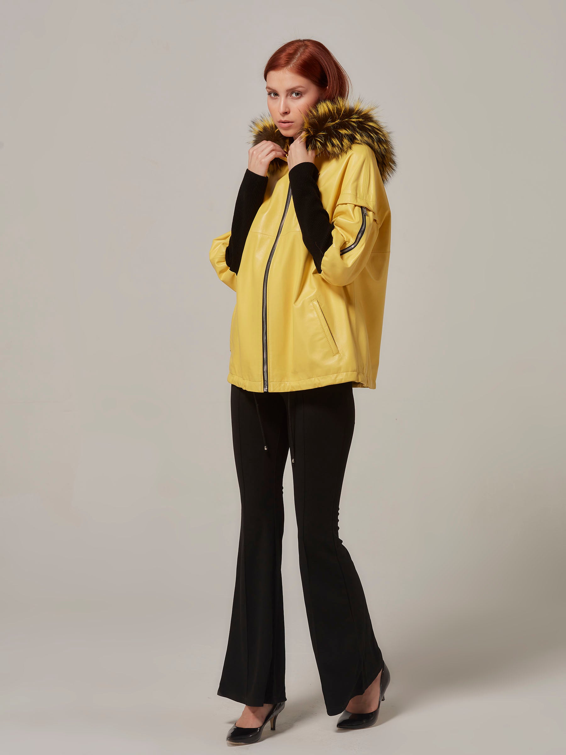 Yellow Leather Jacket with Wool Sleeve and Fox Fur Hood