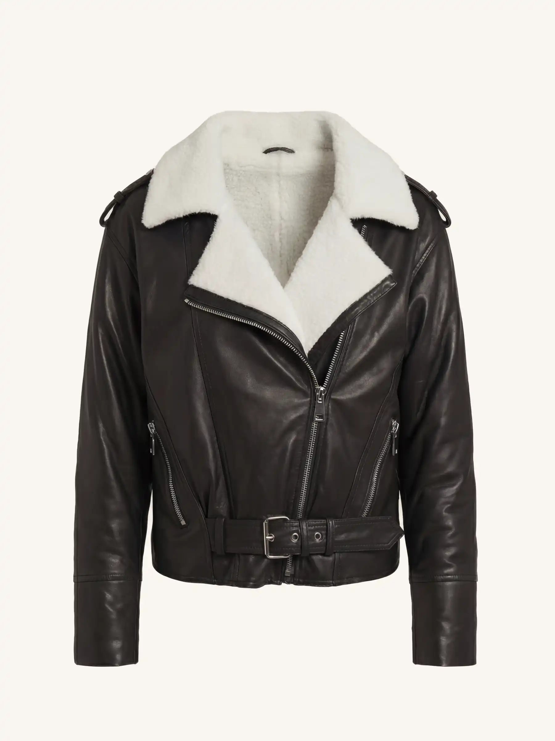 Black Lambskin Leather Shearling Motorcycle Jacket