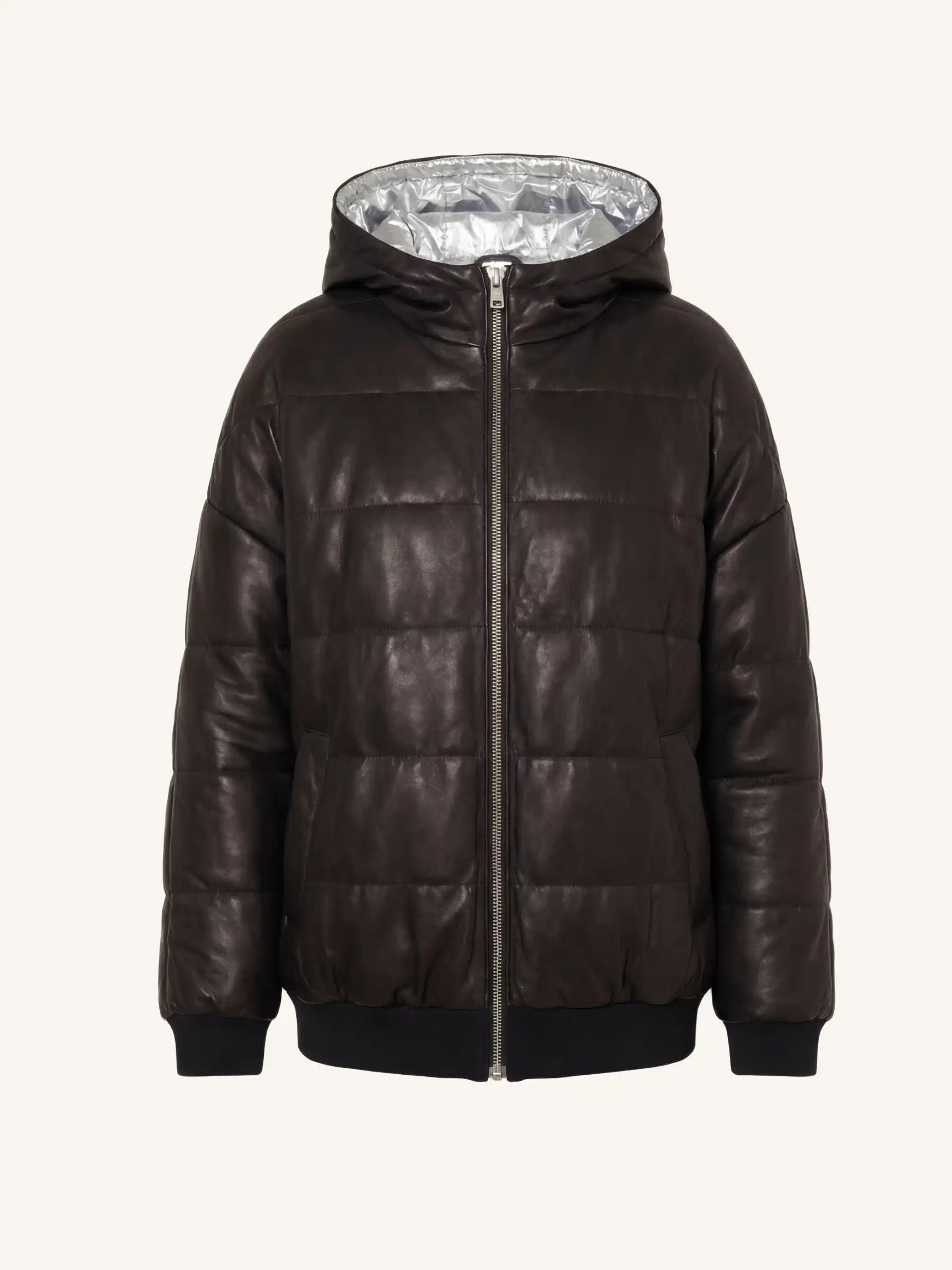 Black puffer jacket with silver lining on a white background