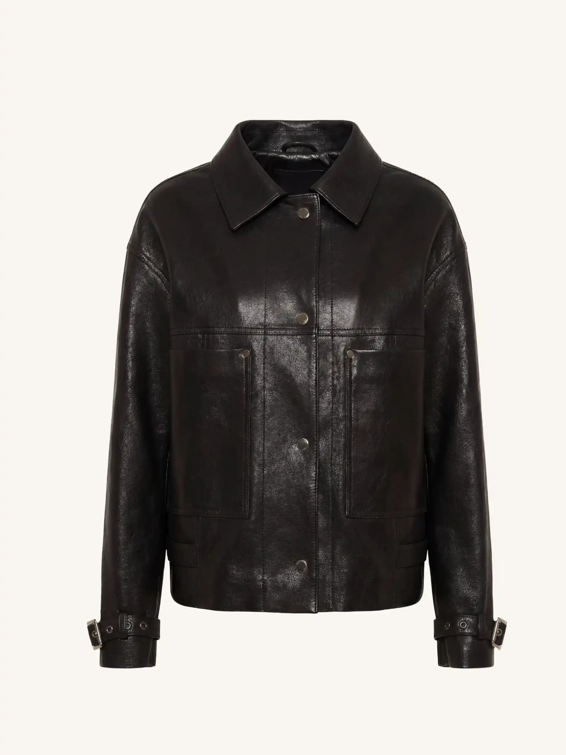 Black leather jacket on a white background