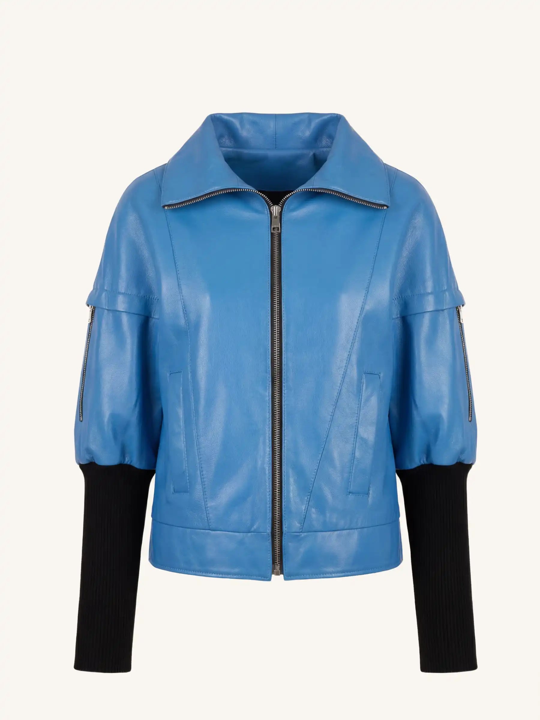 Blue leather jacket with black sleeves on a white background