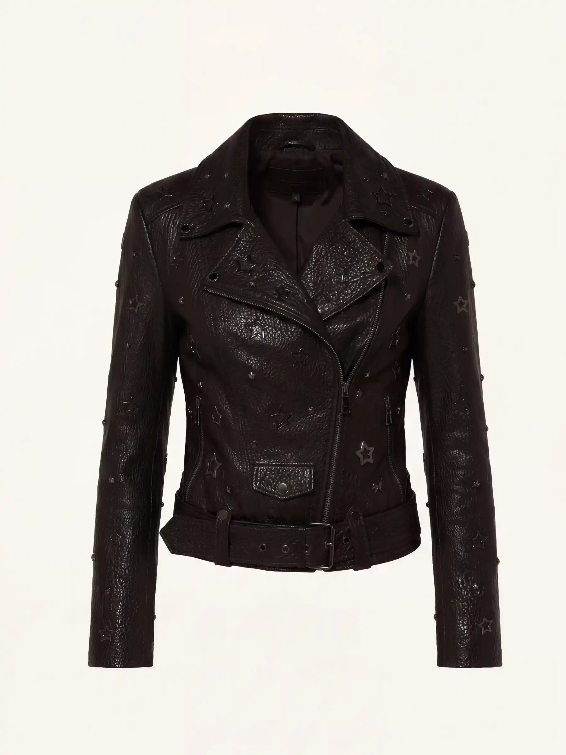 Black genuine leather motorcycle jacket with metal star details, biker-style zip front, belted waist, and textured leather finish.