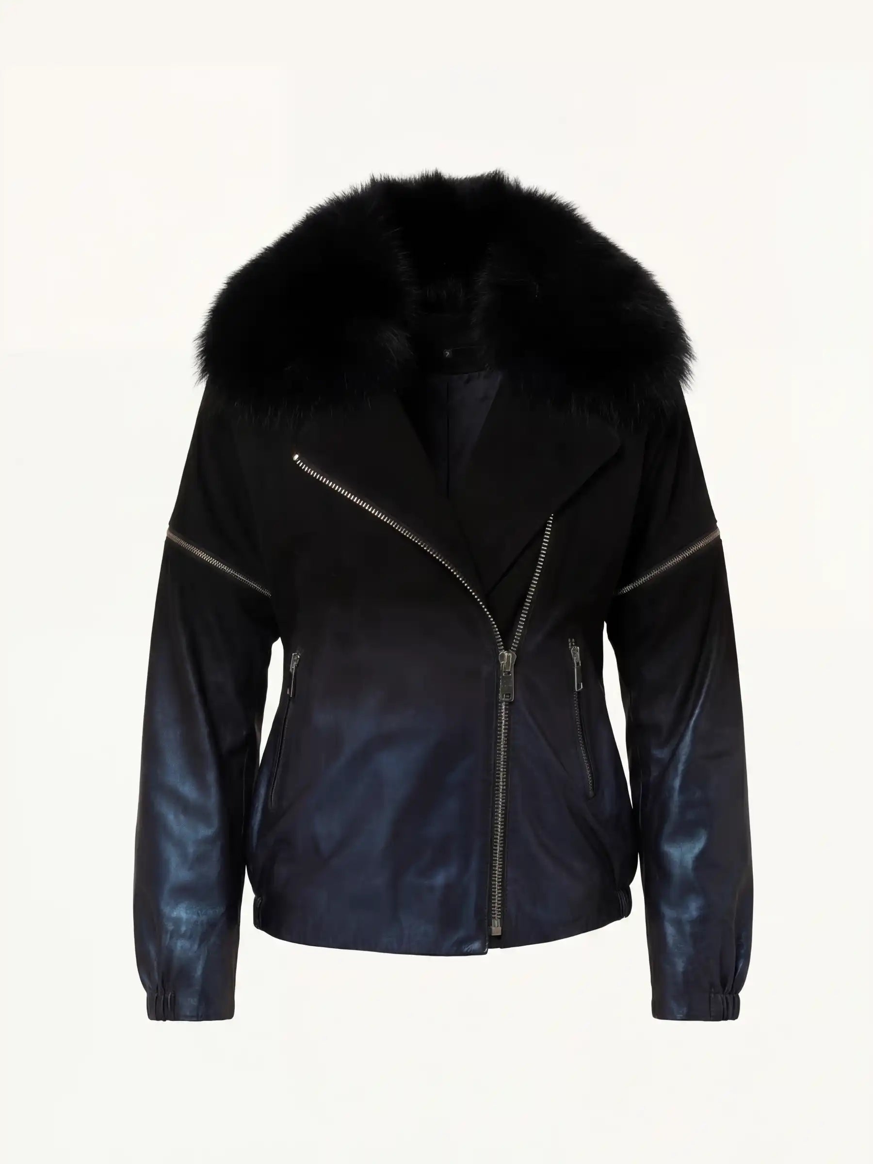 Blue Leather to Black Suede Gradient Bomber jacket with Removable Sleeve 