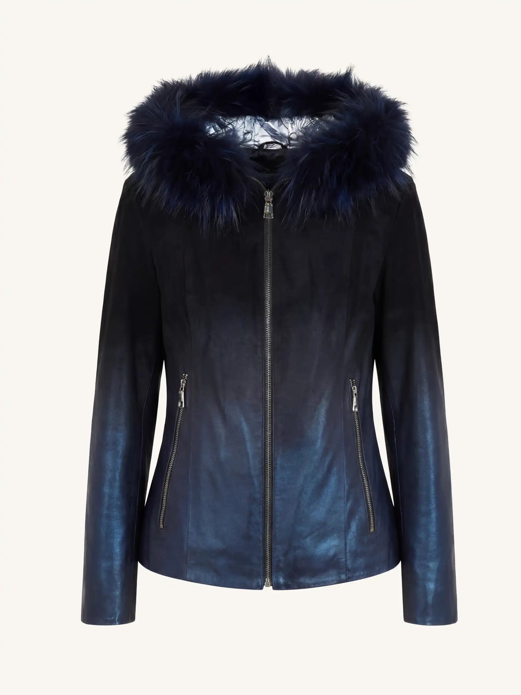 Blue leather jacket with fur hood on a white background