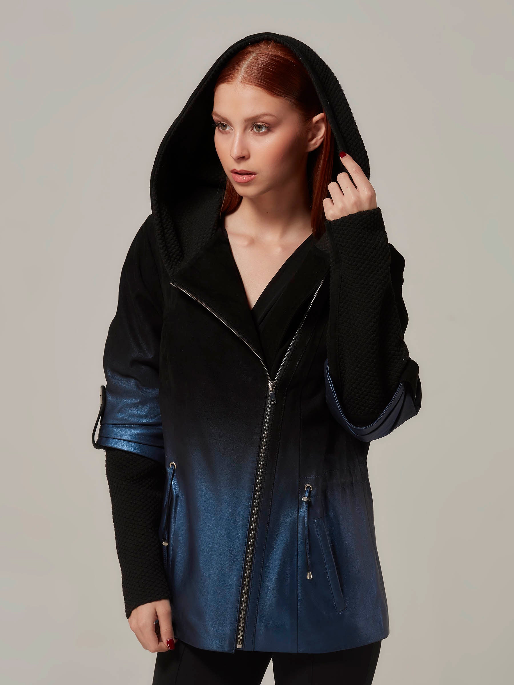 Gradient Blue Leather to Black Suede Jacket with Hood front pose hood on