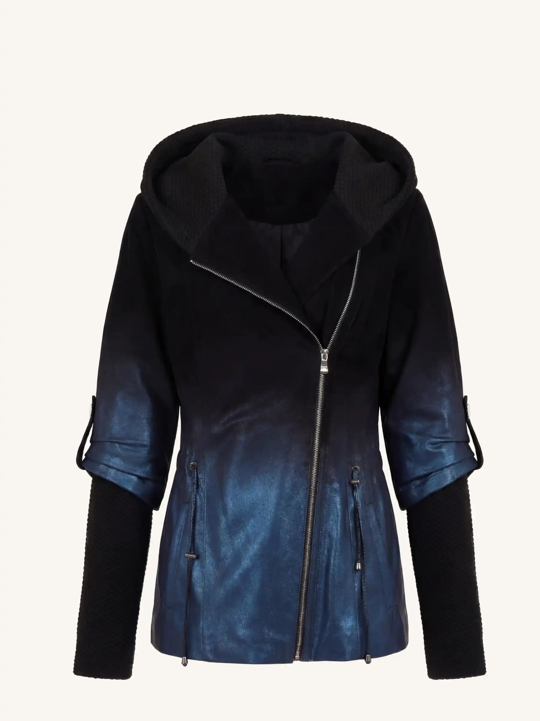 Black and blue leather jacket with a hood on a white background