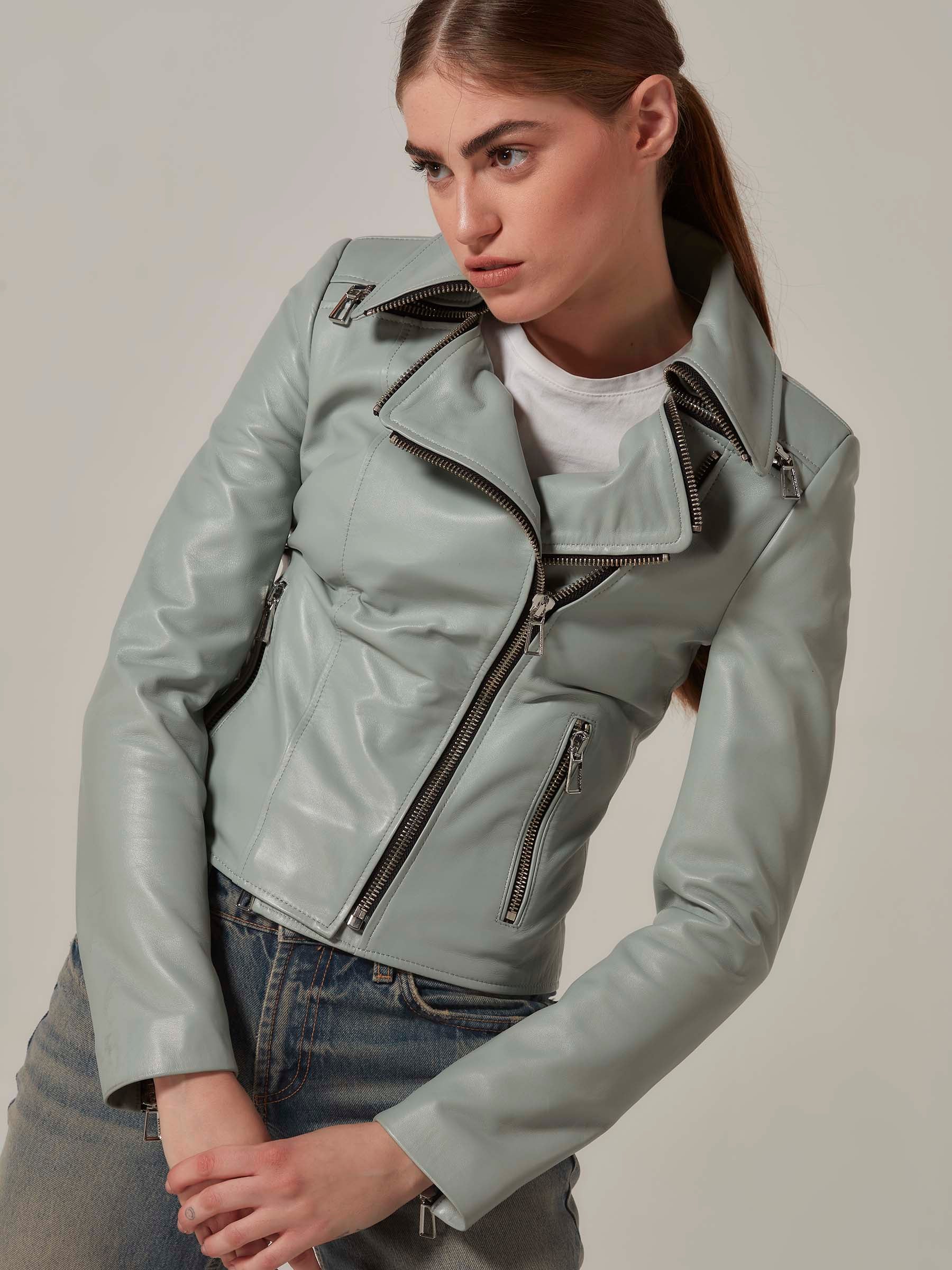 Light Blue Leather Motorcycle Jacket with Zipper Collar front close up