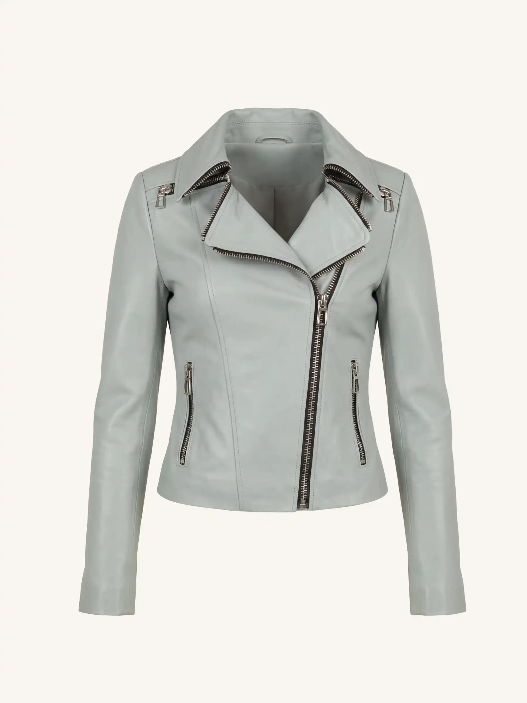 Light blue leather jacket with zippers on a white background