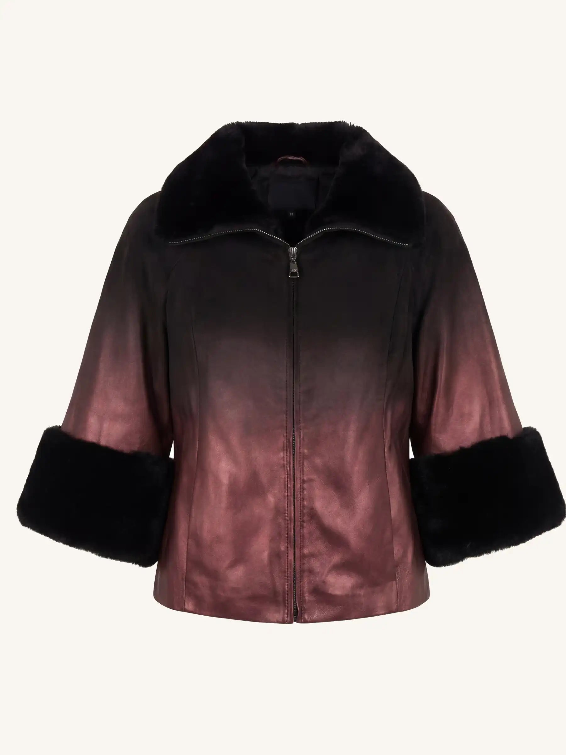 copper color leather jacket with black fur trim on a white background