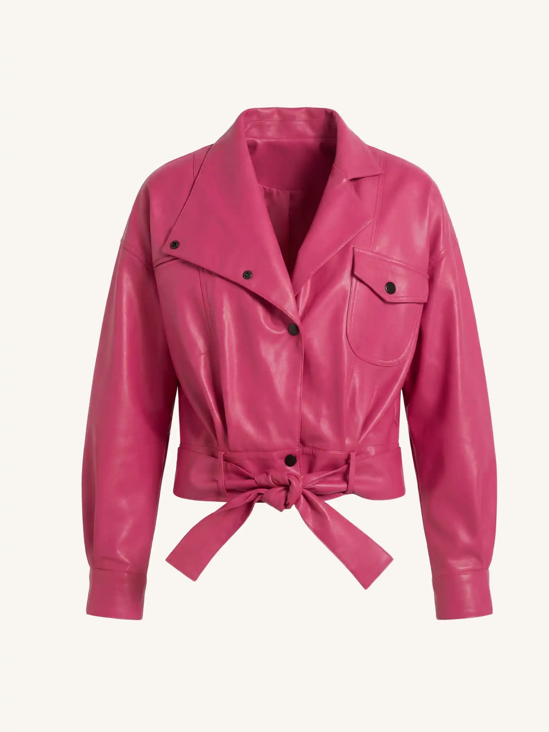 Pink leather jacket with a tie waist on a white background