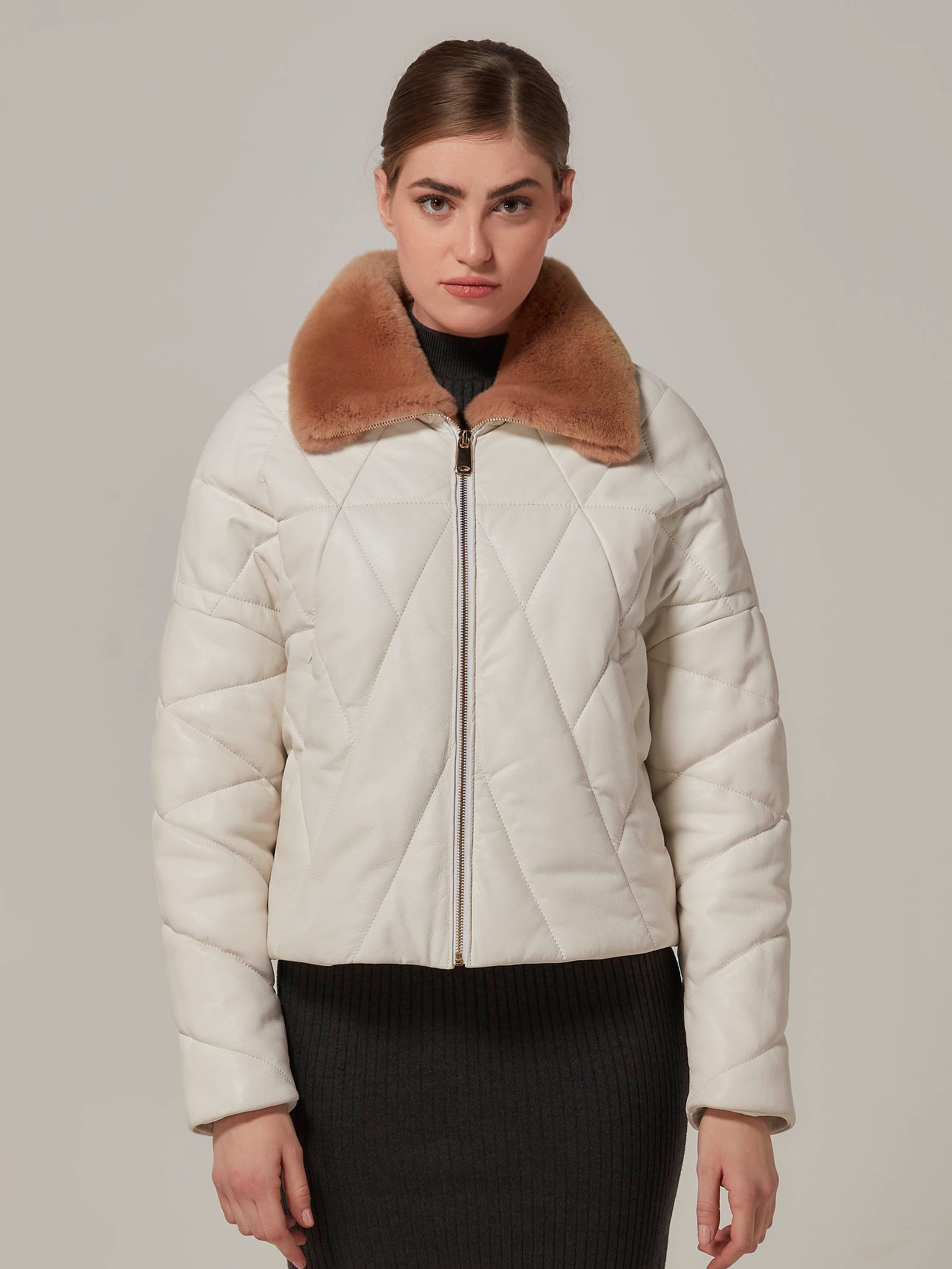 Matte White Leather Puffer Jacket with Rex Fur Collar front pose