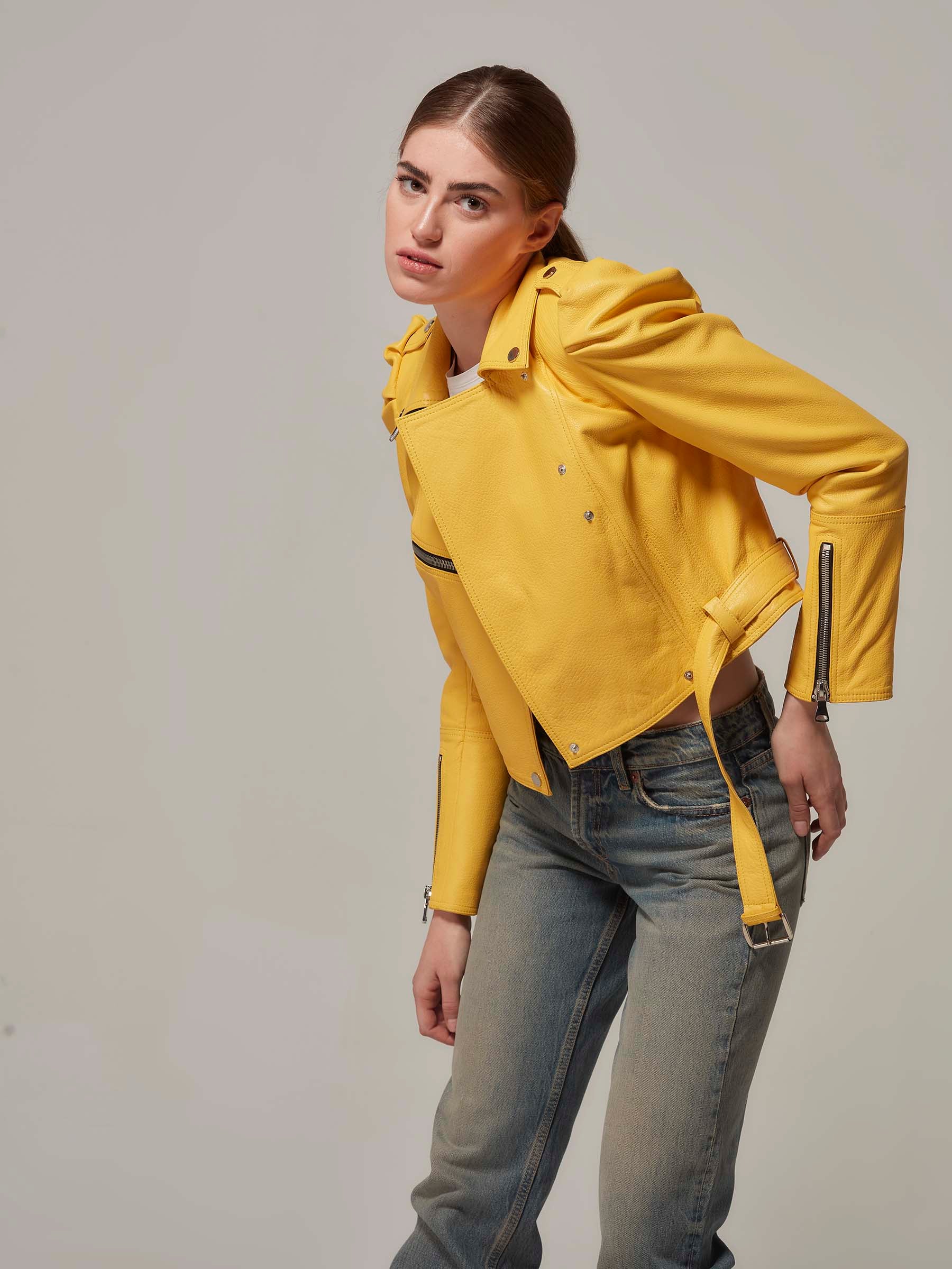 Yellow Cropped Leather Motorcycle Jacket Puffy Shoulders - Rock & Roll Royalty